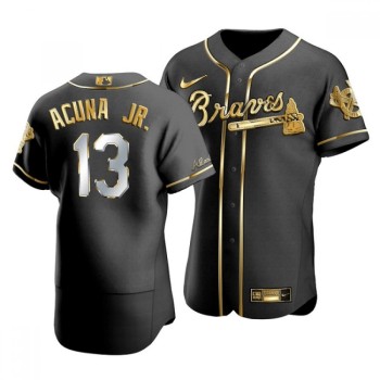 Men's Atlanta Braves #13 Ronald Acuna Jr Black Golden Flex Base Stitched Jersey Men's Atlanta Braves #13 Ronald Acuna Jr Black Golden Flex Base Stitched Jersey