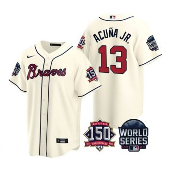 Men's Atlanta Braves #13 Ronald Acuna Jr. 2021 Cream World Series With 150th Anniversary Patch Cool Base Stitched Jersey Men's Atlanta Braves #13 Ronald Acuna Jr. 2021 Cream World Series With 150th Anniversary Patch Cool Base Stitched Jersey