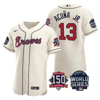 Men's Atlanta Braves #13 Ronald Acuna Jr. 2021 Cream World Series With 150th Anniversary Patch Stitched Baseball Jersey Men's Atlanta Braves #13 Ronald Acuna Jr. 2021 Cream World Series With 150th Anniversary Patch Stitched Baseball Jersey