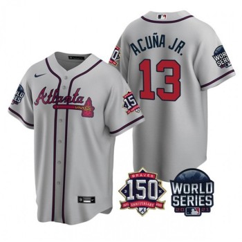 Men's Atlanta Braves #13 Ronald Acuna Jr. 2021 Gray World Series With 150th Anniversary Patch Cool Base Stitched Jersey Men's Atlanta Braves #13 Ronald Acuna Jr. 2021 Gray World Series With 150th Anniversary Patch Cool Base Stitched Jersey