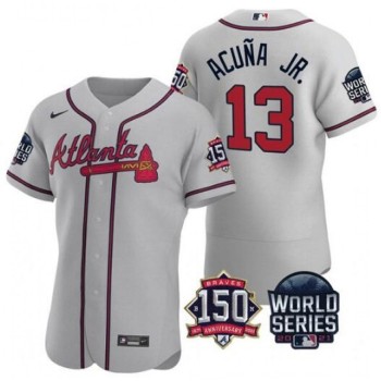 Men's Atlanta Braves #13 Ronald Acuna Jr. 2021 Grey World Series With 150th Anniversary Patch Stitched Baseball Jersey Men's Atlanta Braves #13 Ronald Acuna Jr. 2021 Grey World Series With 150th Anniversary Patch Stitched Baseball Jersey
