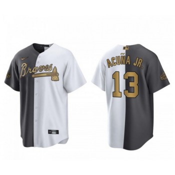 Men's Atlanta Braves #13 Ronald Acuna Jr. 2022 All-Star White Gray Two Tone Split Cool Base Stitched Baseball Jersey Men's Atlanta Braves #13 Ronald Acuna Jr. 2022 All-Star White Gray Two Tone Split Cool Base Stitched Baseball Jersey