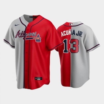 Men's Atlanta Braves #13 Ronald Acuna Jr. Gray/Red Split Cool Base Stitched Baseball Jersey Men's Atlanta Braves #13 Ronald Acuna Jr. Gray/Red Split Cool Base Stitched Baseball Jersey