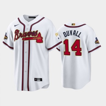 Men's Atlanta Braves #14 Adam Duvall 2022 White/Gold World Series Champions Program Cool Base Stitched Baseball Jersey Men's Atlanta Braves #14 Adam Duvall 2022 White/Gold World Series Champions Program Cool Base Stitched Baseball Jersey