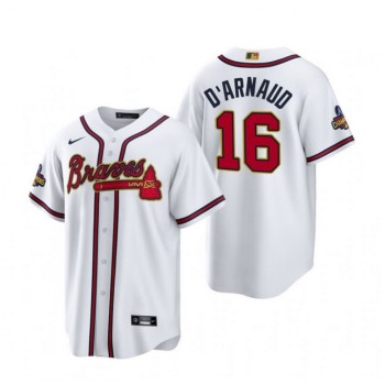 Men's Atlanta Braves #16 Travis d'Arnaud White 2022-23 Gold Cool Base Stitched Baseball Jersey Men's Atlanta Braves #16 Travis d'Arnaud White 2022-23 Gold Cool Base Stitched Baseball Jersey
