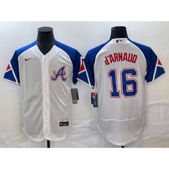 Men's Atlanta Braves #16 Travis d'Arnaud White 2023 City Connect Flex Base Stitched Jersey Men's Atlanta Braves #16 Travis d'Arnaud White 2023 City Connect Flex Base Stitched Jersey