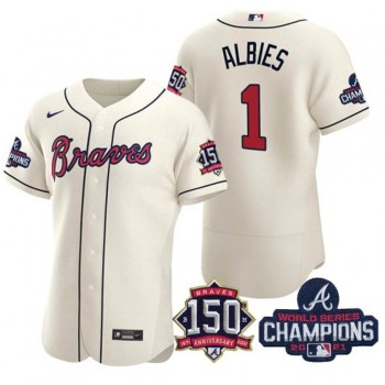 Men's Atlanta Braves #1 Ozzie Albies 2021 Cream World Series Champions With 150th Anniversary Flex Base Stitched Jersey Men's Atlanta Braves #1 Ozzie Albies 2021 Cream World Series Champions With 150th Anniversary Flex Base Stitched Jersey