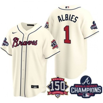 Men's Atlanta Braves #1 Ozzie Albies 2021 Cream World Series Champions With 150th Anniversary Patch Cool Base Stitched Jersey Men's Atlanta Braves #1 Ozzie Albies 2021 Cream World Series Champions With 150th Anniversary Patch Cool Base Stitched Jersey