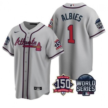 Men's Atlanta Braves #1 Ozzie Albies 2021 Gray World Series With 150th Anniversary Patch Cool Base Stitched Jersey Men's Atlanta Braves #1 Ozzie Albies 2021 Gray World Series With 150th Anniversary Patch Cool Base Stitched Jersey