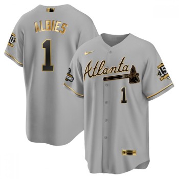 Men's Atlanta Braves #1 Ozzie Albies 2021 Grey/Gold World Series Champions With 150th Anniversary Patch Cool Base Stitched Jersey Men's Atlanta Braves #1 Ozzie Albies 2021 Grey/Gold World Series Champions With 150th Anniversary Patch Cool Base Stitched Jersey