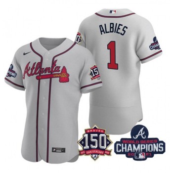 Men's Atlanta Braves #1 Ozzie Albies 2021 Grey World Series Champions With 150th Anniversary Flex Base Stitched Jersey Men's Atlanta Braves #1 Ozzie Albies 2021 Grey World Series Champions With 150th Anniversary Flex Base Stitched Jersey