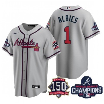 Men's Atlanta Braves #1 Ozzie Albies 2021 Grey World Series Champions With 150th Anniversary Patch Cool Base Stitched Jersey Men's Atlanta Braves #1 Ozzie Albies 2021 Grey World Series Champions With 150th Anniversary Patch Cool Base Stitched Jersey
