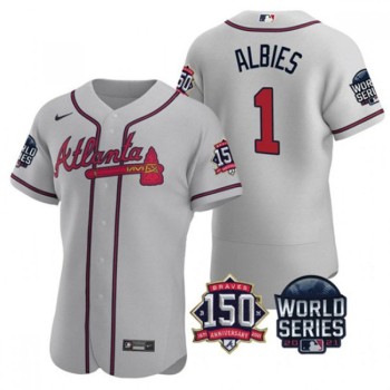 Men's Atlanta Braves #1 Ozzie Albies 2021 Grey World Series With 150th Anniversary Patch Stitched Baseball Jersey Men's Atlanta Braves #1 Ozzie Albies 2021 Grey World Series With 150th Anniversary Patch Stitched Baseball Jersey