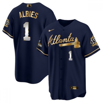 Men's Atlanta Braves #1 Ozzie Albies 2021 Navy/Gold World Series Champions With 150th Anniversary Patch Cool Base Stitched Jersey Men's Atlanta Braves #1 Ozzie Albies 2021 Navy/Gold World Series Champions With 150th Anniversary Patch Cool Base Stitched Jersey