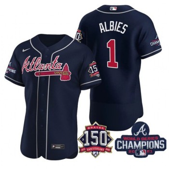 Men's Atlanta Braves #1 Ozzie Albies 2021 Navy World Series Champions With 150th Anniversary Flex Base Stitched Jersey Men's Atlanta Braves #1 Ozzie Albies 2021 Navy World Series Champions With 150th Anniversary Flex Base Stitched Jersey