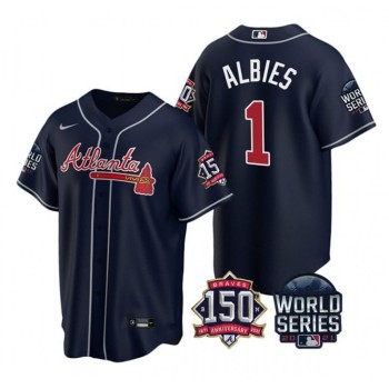 Men's Atlanta Braves #1 Ozzie Albies 2021 Navy World Series With 150th Anniversary Patch Cool Base Stitched Jersey Men's Atlanta Braves #1 Ozzie Albies 2021 Navy World Series With 150th Anniversary Patch Cool Base Stitched Jersey