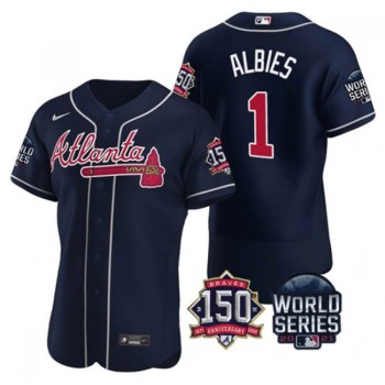 Men's Atlanta Braves #1 Ozzie Albies 2021 Navy World Series With 150th Anniversary Patch Stitched Baseball Jersey Men's Atlanta Braves #1 Ozzie Albies 2021 Navy World Series With 150th Anniversary Patch Stitched Baseball Jersey