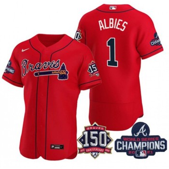 Men's Atlanta Braves #1 Ozzie Albies 2021 Red World Series Champions With 150th Anniversary Flex Base Stitched Jersey Men's Atlanta Braves #1 Ozzie Albies 2021 Red World Series Champions With 150th Anniversary Flex Base Stitched Jersey