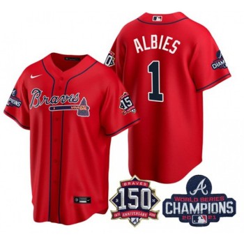 Men's Atlanta Braves #1 Ozzie Albies 2021 Red World Series Champions With 150th Anniversary Patch Cool Base Stitched Jersey Men's Atlanta Braves #1 Ozzie Albies 2021 Red World Series Champions With 150th Anniversary Patch Cool Base Stitched Jersey