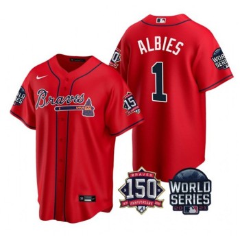 Men's Atlanta Braves #1 Ozzie Albies 2021 Red World Series With 150th Anniversary Patch Cool Base Stitched Jersey Men's Atlanta Braves #1 Ozzie Albies 2021 Red World Series With 150th Anniversary Patch Cool Base Stitched Jersey