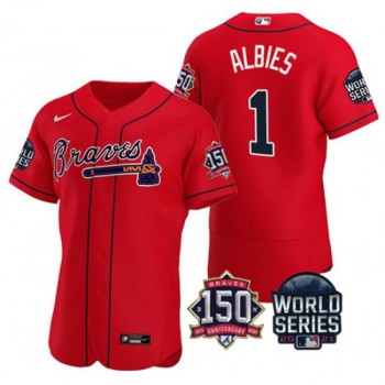 Men's Atlanta Braves #1 Ozzie Albies 2021 Red World Series With 150th Anniversary Patch Stitched Baseball Jersey Men's Atlanta Braves #1 Ozzie Albies 2021 Red World Series With 150th Anniversary Patch Stitched Baseball Jersey