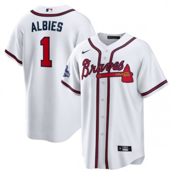 Men's Atlanta Braves #1 Ozzie Albies 2021 White World Series Champions Cool Base Stitched Jersey Men's Atlanta Braves #1 Ozzie Albies 2021 White World Series Champions Cool Base Stitched Jersey