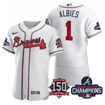 Men's Atlanta Braves #1 Ozzie Albies 2021 White World Series Champions With 150th Anniversary Flex Base Stitched Jersey Men's Atlanta Braves #1 Ozzie Albies 2021 White World Series Champions With 150th Anniversary Flex Base Stitched Jersey