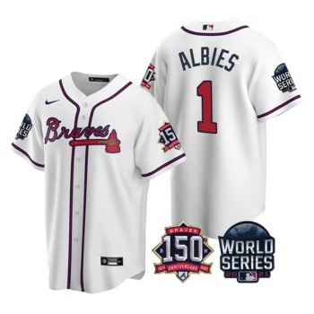 Men's Atlanta Braves #1 Ozzie Albies 2021 White World Series With 150th Anniversary Patch Cool Base Stitched Jersey Men's Atlanta Braves #1 Ozzie Albies 2021 White World Series With 150th Anniversary Patch Cool Base Stitched Jersey