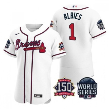 Men's Atlanta Braves #1 Ozzie Albies 2021 White World Series With 150th Anniversary Patch Stitched Baseball Jersey Men's Atlanta Braves #1 Ozzie Albies 2021 White World Series With 150th Anniversary Patch Stitched Baseball Jersey