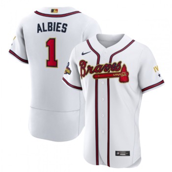 Men's Atlanta Braves #1 Ozzie Albies 2022 White/Gold World Series Champions Program Flex Base Stitched Baseball Jersey Men's Atlanta Braves #1 Ozzie Albies 2022 White/Gold World Series Champions Program Flex Base Stitched Baseball Jersey