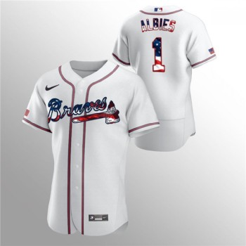 Men's Atlanta Braves #1 Ozzie Albies White 2020 Stars & Stripes Flex Base Stitched Jersey Men's Atlanta Braves #1 Ozzie Albies White 2020 Stars & Stripes Flex Base Stitched Jersey