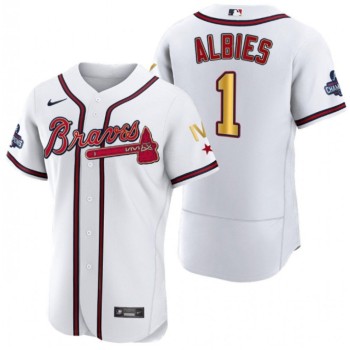 Men's Atlanta Braves #1 Ozzie Albies White Gold World Series Champions Flex Base Stitched Jersey Men's Atlanta Braves #1 Ozzie Albies White Gold World Series Champions Flex Base Stitched Jersey