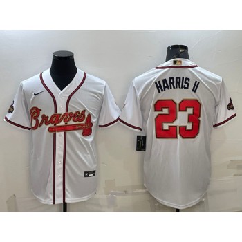 Men's Atlanta Braves #23 Michael Harris ii White/Gold World Series Champions Program Cool Base Stitched Baseball Jersey Men's Atlanta Braves #23 Michael Harris ii White/Gold World Series Champions Program Cool Base Stitched Baseball Jersey