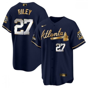 Men's Atlanta Braves #27 Austin Riley 2021 Navy/Gold World Series Champions With 150th Anniversary Patch Cool Base Stitched Jersey Men's Atlanta Braves #27 Austin Riley 2021 Navy/Gold World Series Champions With 150th Anniversary Patch Cool Base Stitched Jersey