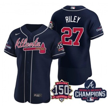 Men's Atlanta Braves #27 Austin Riley 2021 Navy World Series Champions With 150th Anniversary Flex Base Stitched Jersey Men's Atlanta Braves #27 Austin Riley 2021 Navy World Series Champions With 150th Anniversary Flex Base Stitched Jersey