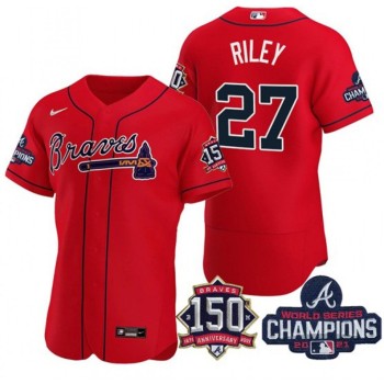 Men's Atlanta Braves #27 Austin Riley 2021 Red World Series Champions With 150th Anniversary Flex Base Stitched Jersey Men's Atlanta Braves #27 Austin Riley 2021 Red World Series Champions With 150th Anniversary Flex Base Stitched Jersey