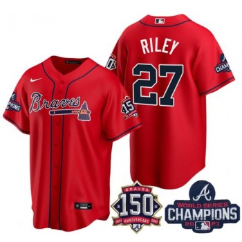 Men's Atlanta Braves #27 Austin Riley 2021 Red World Series Champions With 150th Anniversary Patch Cool Base Stitched Jersey