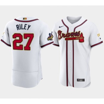Men's Atlanta Braves #27 Austin Riley 2022 White/Gold World Series Champions Program Flex Base Stitched Baseball Jersey