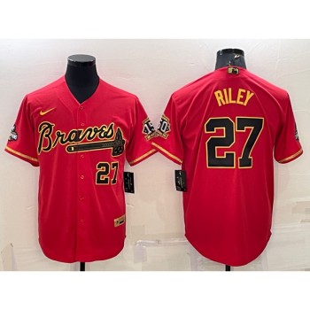 Men's Atlanta Braves #27 Austin Riley Red Gold Cool Base Stitched Baseball Jersey Men's Atlanta Braves #27 Austin Riley Red Gold Cool Base Stitched Baseball Jersey
