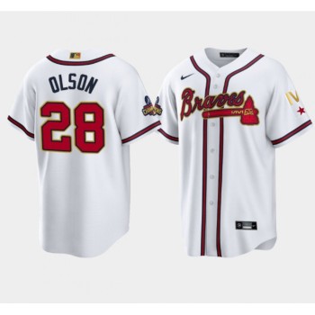 Men's Atlanta Braves #28 Matt Olson 2022 White/Gold World Series Champions Program Cool Base Stitched Baseball Jersey Men's Atlanta Braves #28 Matt Olson 2022 White/Gold World Series Champions Program Cool Base Stitched Baseball Jersey