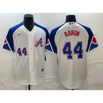 Men's Atlanta Braves #44 Hank Aaron White 2023 City Connect Cool Base With Patch Stitched Baseball Jersey Men's Atlanta Braves #44 Hank Aaron White 2023 City Connect Cool Base With Patch Stitched Baseball Jersey
