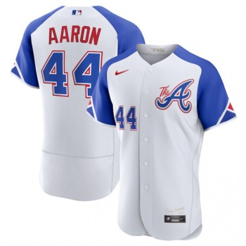 Men's Atlanta Braves #44 Hank Aaron White 2023 City Connect Flex Base Stitched Jersey Men's Atlanta Braves #44 Hank Aaron White 2023 City Connect Flex Base Stitched Jersey