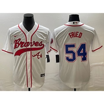 Men's Atlanta Braves #54 Max Fried White Cool Base With Patch Stitched Baseball Jersey Men's Atlanta Braves #54 Max Fried White Cool Base With Patch Stitched Baseball Jersey