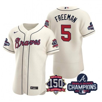 Men's Atlanta Braves #5 Freddie Freeman 2021 Cream World Series Champions With 150th Anniversary Flex Base Stitched Jersey Men's Atlanta Braves #5 Freddie Freeman 2021 Cream World Series Champions With 150th Anniversary Flex Base Stitched Jersey