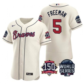 Men's Atlanta Braves #5 Freddie Freeman 2021 Cream World Series With 150th Anniversary Patch Stitched Baseball Jersey Men's Atlanta Braves #5 Freddie Freeman 2021 Cream World Series With 150th Anniversary Patch Stitched Baseball Jersey