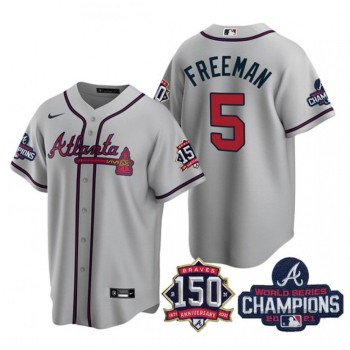 Men's Atlanta Braves #5 Freddie Freeman 2021 Grey World Series Champions With 150th Anniversary Patch Cool Base Stitched Jersey Men's Atlanta Braves #5 Freddie Freeman 2021 Grey World Series Champions With 150th Anniversary Patch Cool Base Stitched Jersey