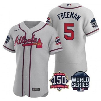 Men's Atlanta Braves #5 Freddie Freeman 2021 Grey World Series With 150th Anniversary Patch Stitched Baseball Jersey Men's Atlanta Braves #5 Freddie Freeman 2021 Grey World Series With 150th Anniversary Patch Stitched Baseball Jersey