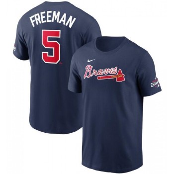 Men's Atlanta Braves #5 Freddie Freeman 2021 Navy World Series Champions Player Name & Number T-Shirt Men's Atlanta Braves #5 Freddie Freeman 2021 Navy World Series Champions Player Name & Number T-Shirt