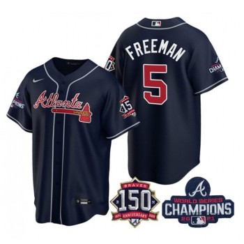 Men's Atlanta Braves #5 Freddie Freeman 2021 Navy World Series Champions With 150th Anniversary Patch Cool Base Stitched Jersey Men's Atlanta Braves #5 Freddie Freeman 2021 Navy World Series Champions With 150th Anniversary Patch Cool Base Stitched Jersey