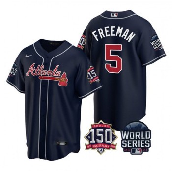 Men's Atlanta Braves #5 Freddie Freeman 2021 Navy World Series With 150th Anniversary Patch Cool Base Stitched Jersey Men's Atlanta Braves #5 Freddie Freeman 2021 Navy World Series With 150th Anniversary Patch Cool Base Stitched Jersey